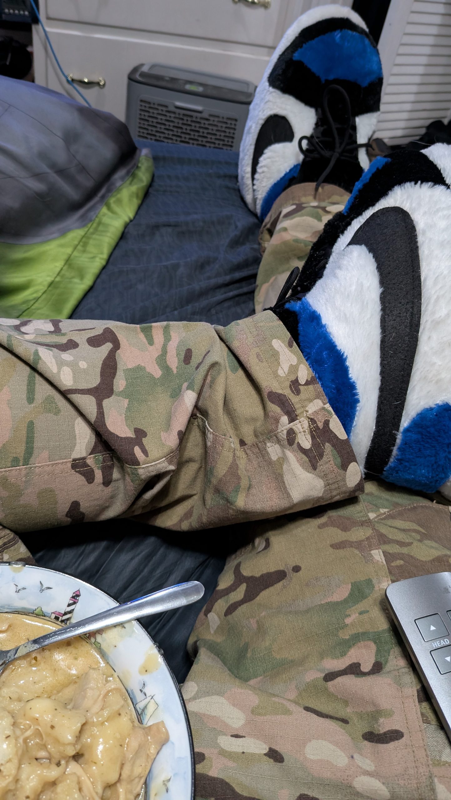 Fuzzy feet, camo, and chicken n dumplings….. Ahhhhhh ….relaxing and delicious.